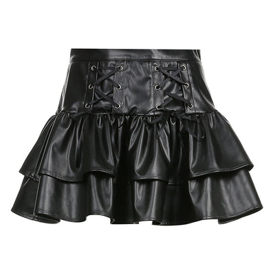 Punk Style PU Leather Mini Skirt Casual High Waist Cross Bandage Black Pleated Skirt Streetwear Slim Girls Dark Sexy Skirt 20118