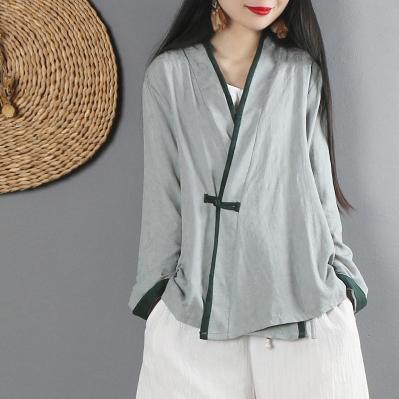Sprin Autumn Women Tang Tops Long Sleeve Hanfu Chinese Style Blouse Female V-neck Tang Suit Cotton Linen Shirt Tang Coat