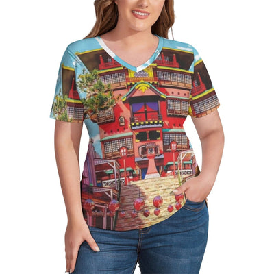 Spirited Away T-Shirts Soot Assault Print V Neck Classic T Shirt Short Sleeves Women Aesthetic Tshirt Tops Plus Size 3XL 4XL