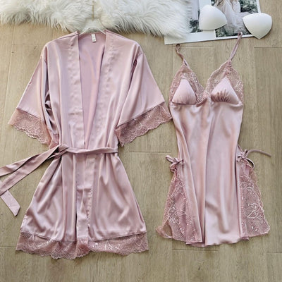 Sexy Women Sleepwear Patchwork Hollow Out Lace Wedding Robe Nightgown Spring Summer Silk Satin Nightdress Half Sleeve Bathrobe