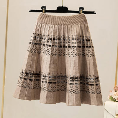 2022 Autumn Winter Sweater Skirt Women Vintage Print High Quality Pleated Mini Skirt Female Elegant Knit Skirts Jupe Femme Y701