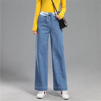Free Shipping For Women 2021 High Waist Wide Leg Jeans Elastic Waist Loose Mopping Pants Straight Drop Pants