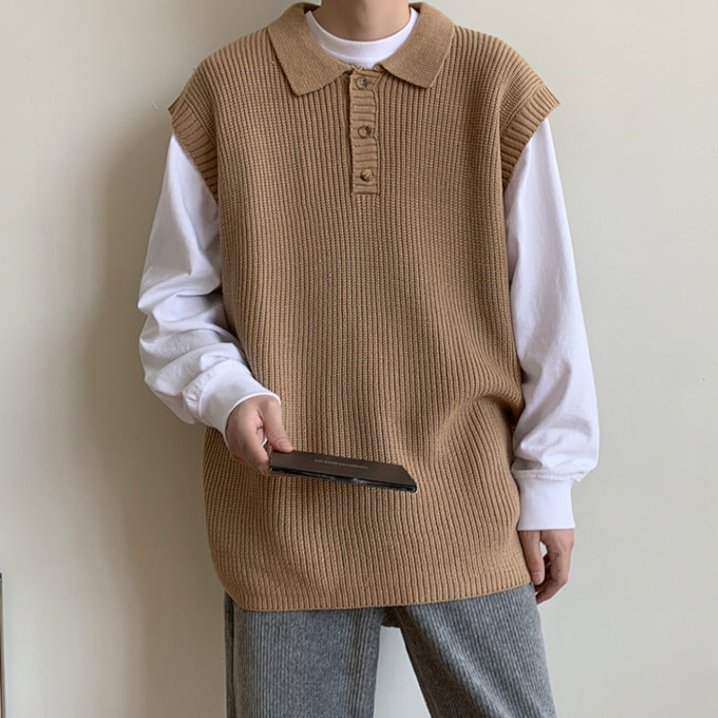 Autumn Khaki Black Sweater Vest Men Fashion Casual Lapel Sweater Vest Men Korean Loose Knit Pullover Mens Sleeveless Sweater