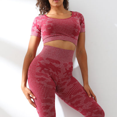 Camouflage Sports Set Women Yoga Suits Tight-fitting Hollow Back Short-sleeved Tops Sexy Yoga Wear Two-piece Tracksuits Women