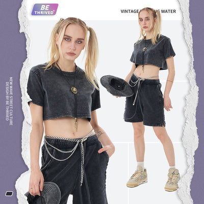 2022 Summer New Niche Retro Washed T-shirt Ultra-short Hot Girl Street Girl Hip-hop Short-sleeved Cotton Tops Tees