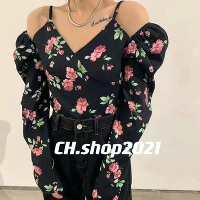 Floral Chains Women Blouses Autumn Long Sleeve Slash Neck Sexy Short Blusa Feminina Korean Ins Retro Ropa Mujer Tops