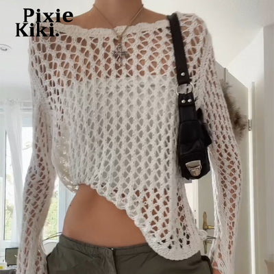 PixieKiki Aesthetic Y2k Tops White Hollow Out See Through Thin Knitted Sweater Women Casual Long Sleeve Crop Pullover P84-CG18