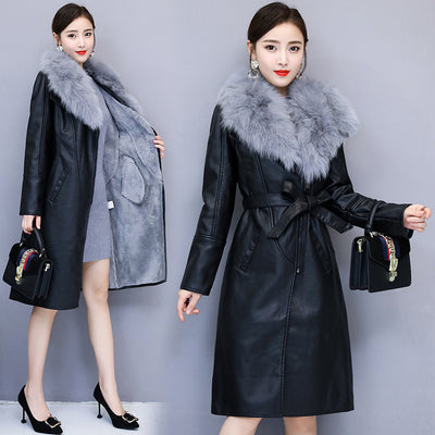 Coat Women Winter Loose Long PU Sashes Leather Jacket Warm Artifical Fur Collar Manteau Oversized Hiver Chaqueta Cuero Mujer