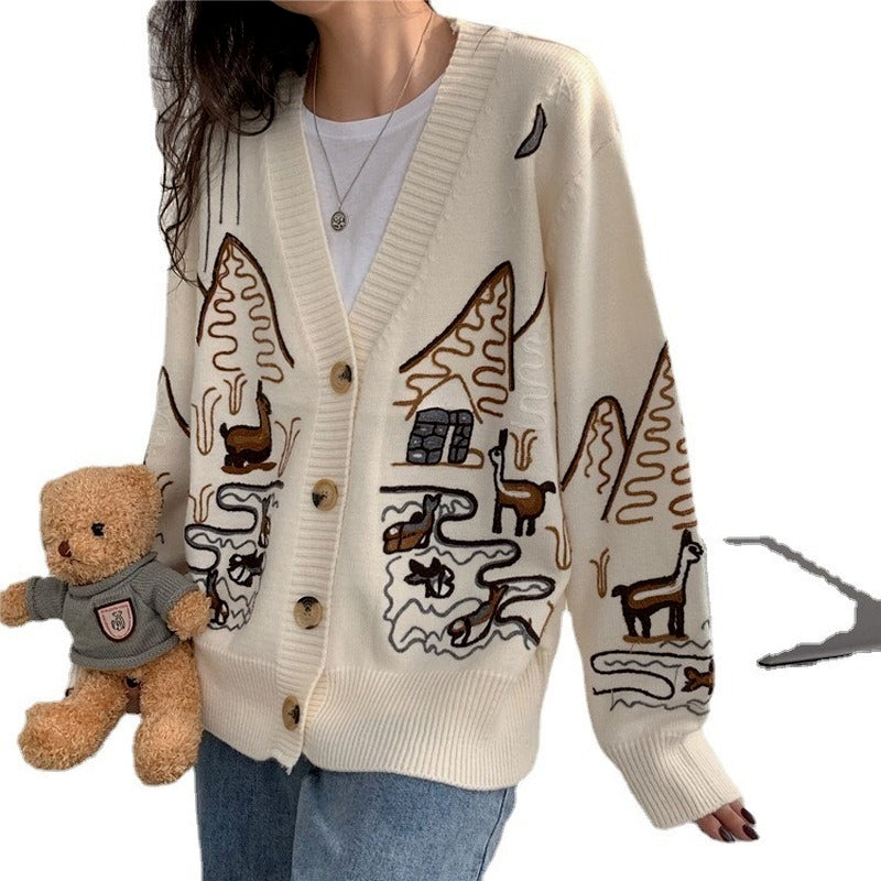 Oversized Women Cardigan Sweater Spring Autumn Long Sleeve Knitted Cardigan Outwear Embroidery Coat for Women Jumper Top