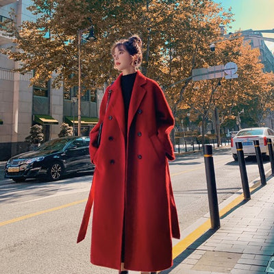 Women&#39;s Red Woolen Suit Jacket, Women&#39;s Mid-length Elegant Jacket, Winter New Style Temperament Thick Woolen Coat
