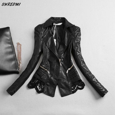 SWREDMI Women's Leather Jacket 2022 New Slim Fashion Lace Stitching Leather Clothing Female S-4XL Leather Coat Black Tops