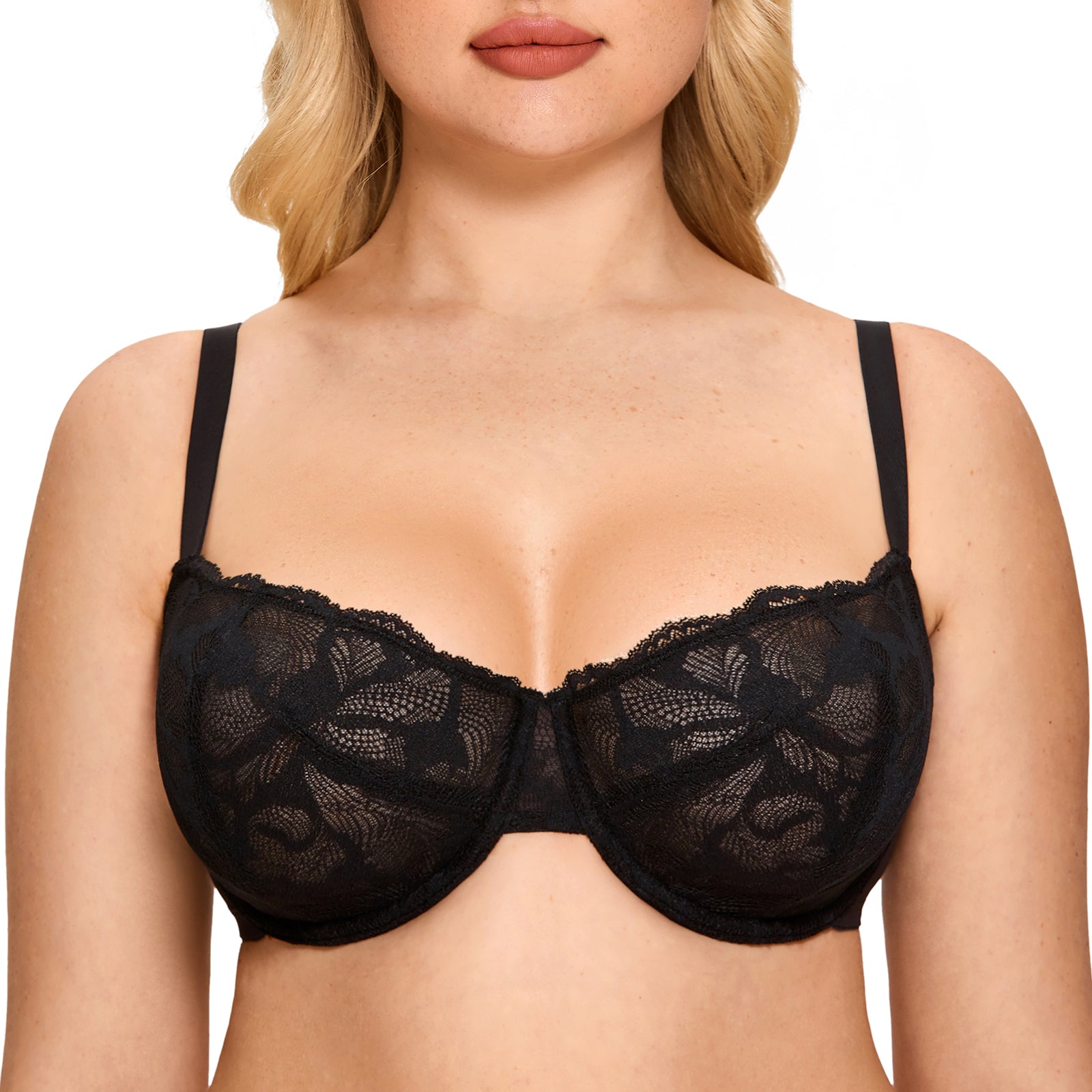 Women&#39;s Lace Sheer See Through Sexy Balconette Plus Size Unlined Underwire Push Up Bra