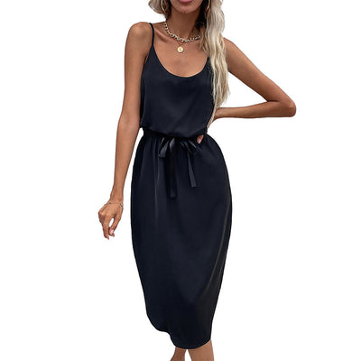 Women Simple Casual Dresses Backless Sexy Pure Color Elegant Frenum Split Dress All-match Fashion Popular Holiday Skirts