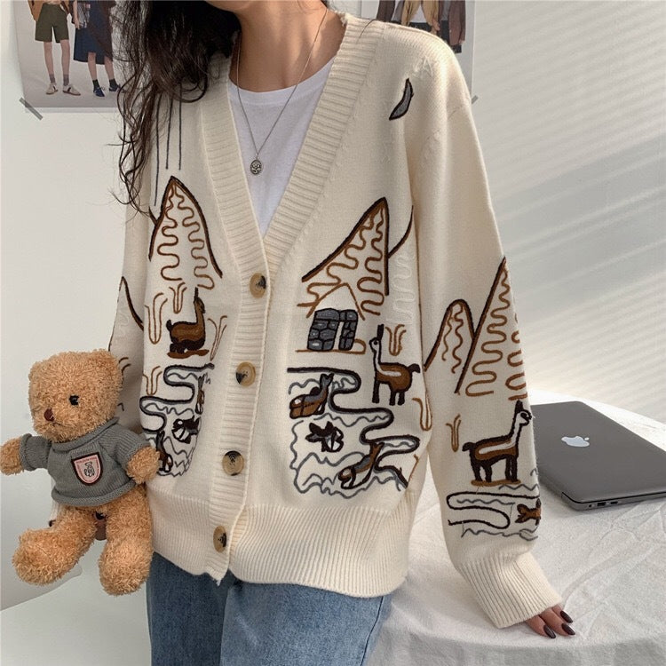 Oversized Women Cardigan Sweater Spring Autumn Long Sleeve Knitted Cardigan Outwear Embroidery Coat for Women Jumper Top