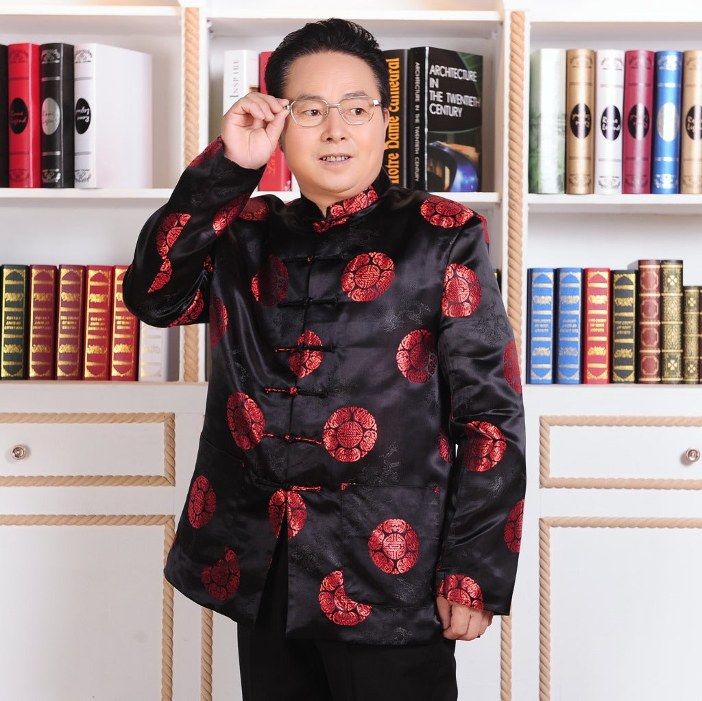 Long Sleeve Middle Aged Men Chinese Tang Tops Ancient Men Grandparents Birthday Tops Red Wedding Clothing New Year Jacket 90