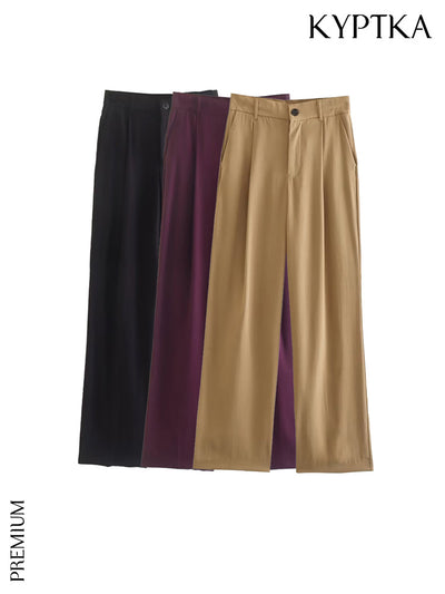 KYPTKA Women Fashion Front Darts With Side Pockets Straight Pants Vintage High Waist Zipper  Female Trousers Mujer