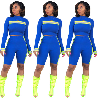 Autumn Women's Fashion Reflective Patchwork Two Piece Set Neon Yellow Long Sleeve Crop Tops Biker Shorts Suit Casual Tracksuits
