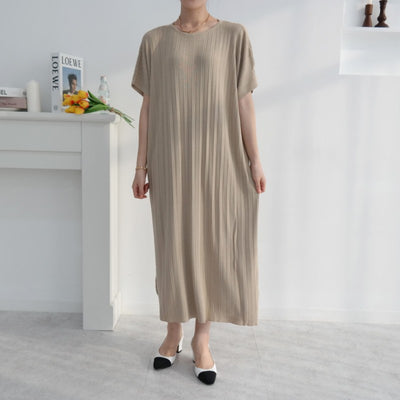 High Quality Summer Korean Knitted Short Sleeve Fashion Pleated Dress Elegant Women Lace-Up Loose Dress Vestido