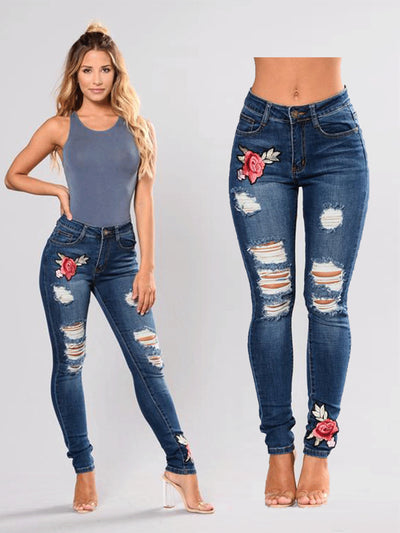 Stretch Jeans For Women Elastic Flower Jeans Ladies Pencil Denim Pants Hole Ripped Pantalon Rose Embroidered Pattern Jeans Femme