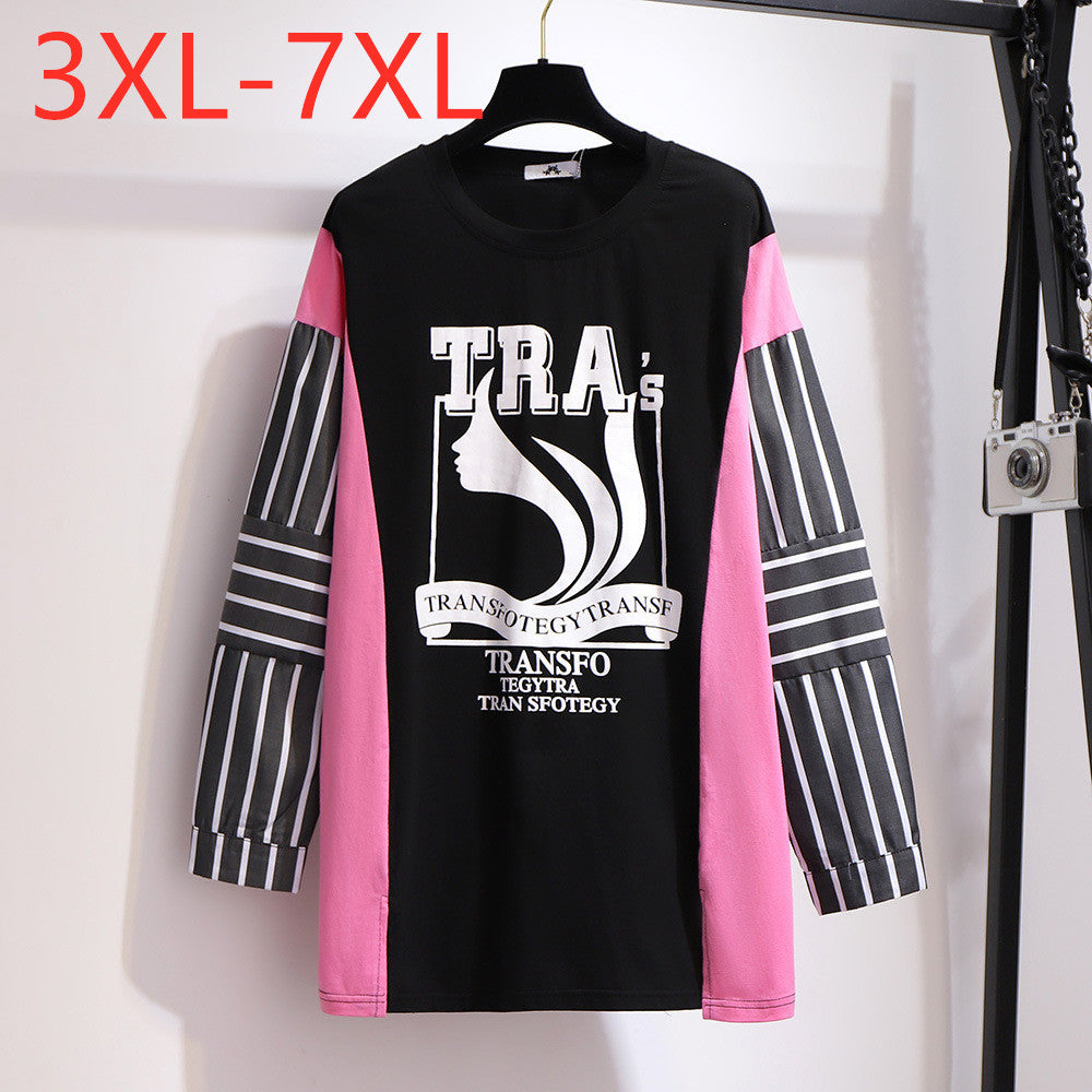 New Ladies Autumn Winter Plus Size Women Clothing Tops Large Long Sleeve Loose Cotton Black Print Stripe T-shirt 4XL 5XL 6XL 7XL