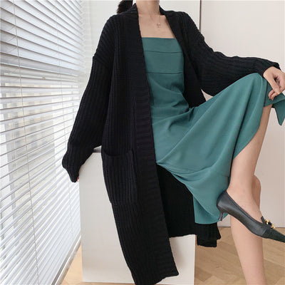 WSYORE Autumn and Winter New Wild Casual Thick Long Sweater Coat Loose Knitted Cardigan Pokcet Jacket Female NS2731