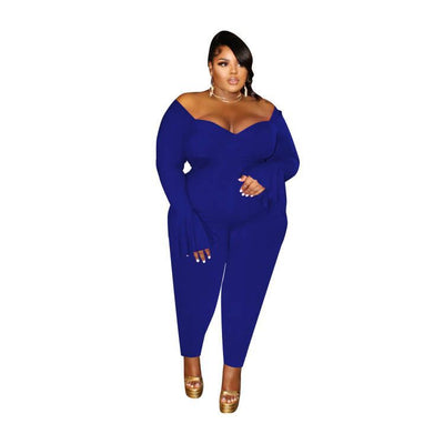 CM.YAYA Plus Size XL-5XL Summer Women Jumpsuits V-Neck Off Shoulder Full Sleeve Bodycon Sexy Night Club Romper One Piece Outfits