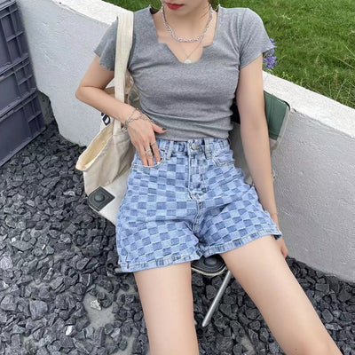 WITHZZ Summer Women's High Waist Straight Pants Checkerboard Style Plaid Jeans Denim Shorts