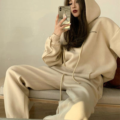 Autumn Winter Warm Fleece Tracksuit for Women 2022 Oversized Hooded Sweatshirts & Pants Casual 2 Two Pieces Hoodies Trousers Set