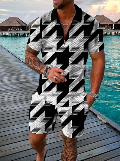 2022 Summer Men&#39;s Casual Polo Shirt Suit Hawaii Beach Fashion Trend 3D Printing Zipper Short Sleeve T-Shirt Shorts Two Piece Set