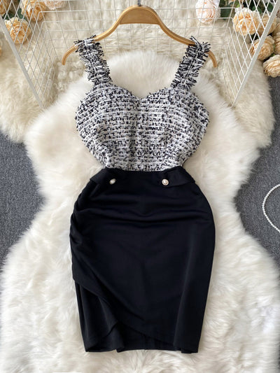 Foamlina Tweed Patchwork Tassles Strap Mini Bodycon Dress Women Summer Fashion Padded V-neck Sleeveless Slim Club Party Dresses