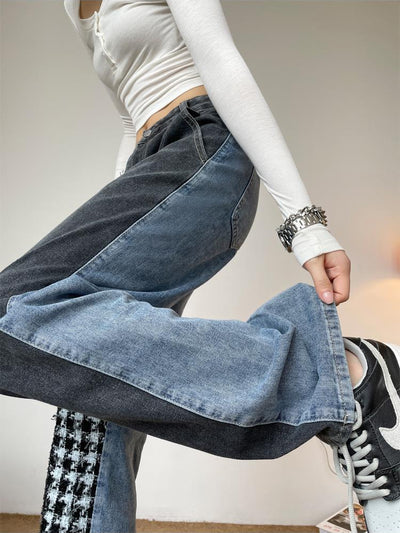 QWEEK Korean Fashion Jeans Women Harajuku Vintage Chic Patchwork Jacquard Denim Pants Oversized Retro Stylish Wide Leg Trousers