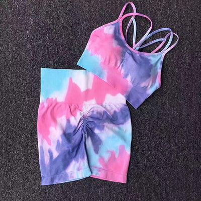 2Pcs Seamless Tie Dye Yoga Set Sport Suit Women Tracksuit High Waist Peach Buttock Gym Shorts Push Up Fitness Bra Top Activewear