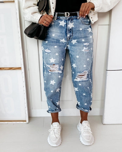 Summer fashion women's simple show thin holes star pattern jeans trousers women