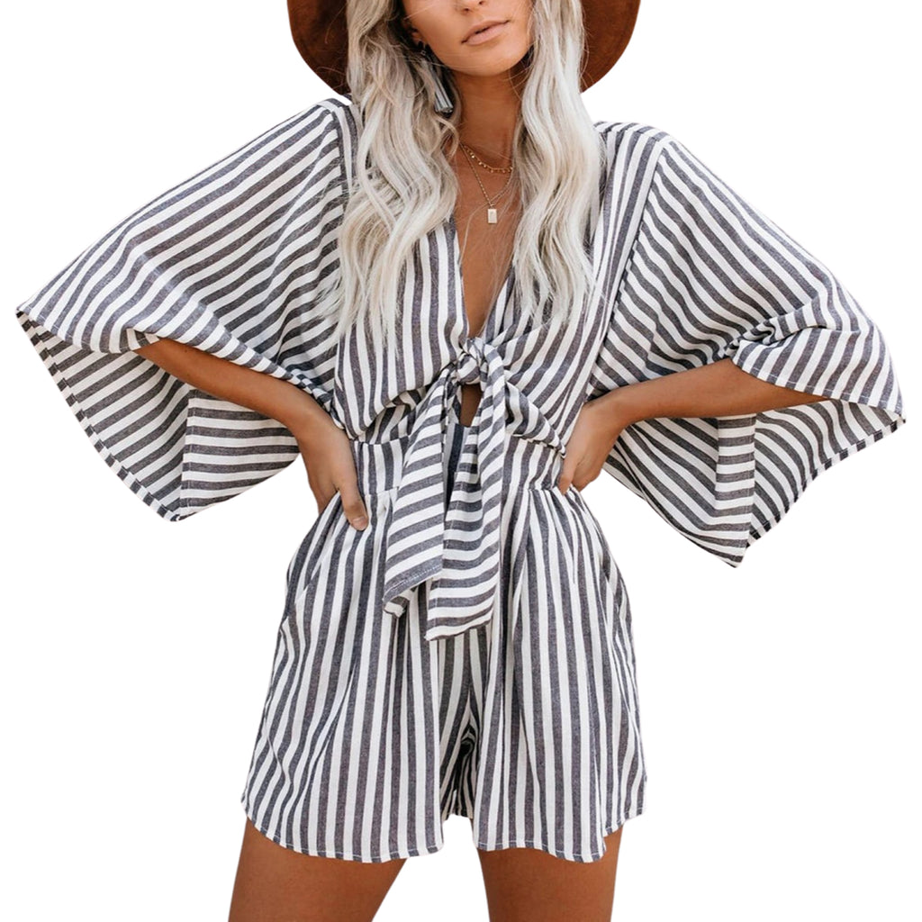 Women Loose Style Overalls Printed Pattern Deep V-neck Batwing Long Sleeves Black/ Blue/ White