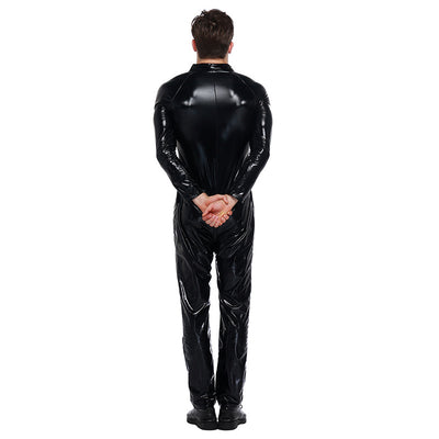 Men's Sexy Patent Leather Biker Jacket Tight Jumpsuit Black Plus Size S-XXXL Carnival Deguisement Halloween Cosplay Costumes