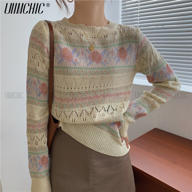 knitted flower Printed Women Sweater O-neck Long Sleeve Pullover 2022 Spring Autumn Black Beige Loose Sweet Korean Knitwear Top