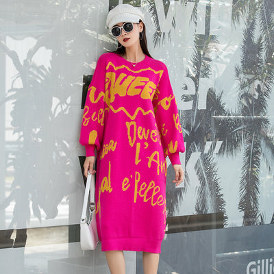 Vefadisa Swomen Long Sleeves Crew Neck Knitting Sweater Dress Loose Mid-length Letter Printing Sweater 2022 Winter LHX2162