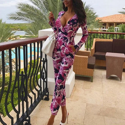 AHVIT Rose Red Printed Elegant Women Jumpsuits Deep V Neck Long Sleeve Bandage Sexy Party Romper Autumn Winter Catsuit MZ-F8019