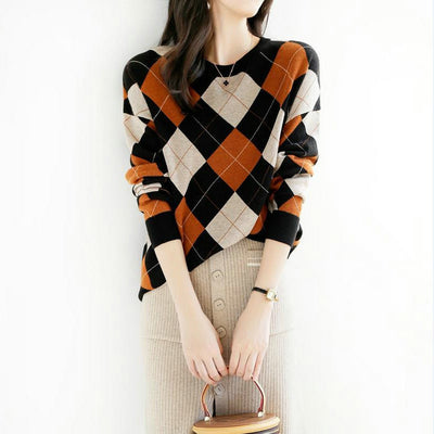 Argyle Knitted Sweater Long Sleeve O-Neck Pullover Soft Office Lady Fashionable 2021 Autumn Women's Clothing