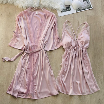 Patchwork Lace Women Kimono Bathrobe Gown Sexy Women 2PCS Sleepwear Nightgown Pink Half Sleeve Wedding Robe Casual Home Dress