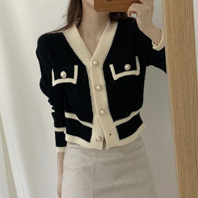 Korejpaa French Elegant Long Sleeve Cardigan Women Single Breasted Knitted Sweater Knitwear Autumn New Color Contrast V Neck Top