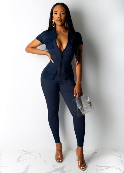 AHVIT Pockets Zipper Skinny Fashion Women Jumpsuits Short Sleeve Deep V Neck Solid Color Nightclub Party Romper SMR9341