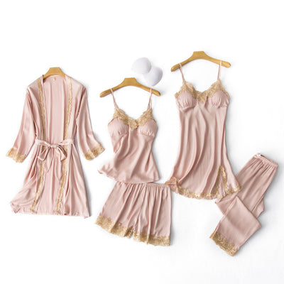Nighties Gown Set Women 5PCS Nightshirts V-Neck Cami Pajamas Sleepwear Sleep Bathrobe Lady Wear Home Suit Nightgown Spring Robe