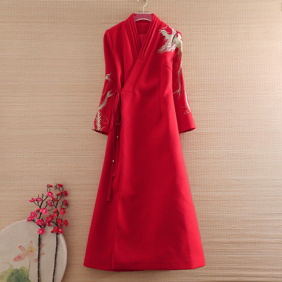 High Quality Winter Chinese Style Wool Trench Coat Hanfu Embroidery Phoenix Retro Elegant Loose Tassel Women Dress S-XXL