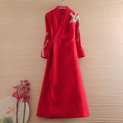 High Quality Winter Chinese Style Wool Trench Coat Hanfu Embroidery Phoenix Retro Elegant Loose Tassel Women Dress S-XXL