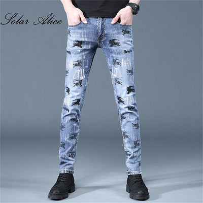 Free Shipping 2021 Men's Four Seasons New Mid-Waist Jeans With Printed Slim Quality Stretch Pants Youth Casual Pants