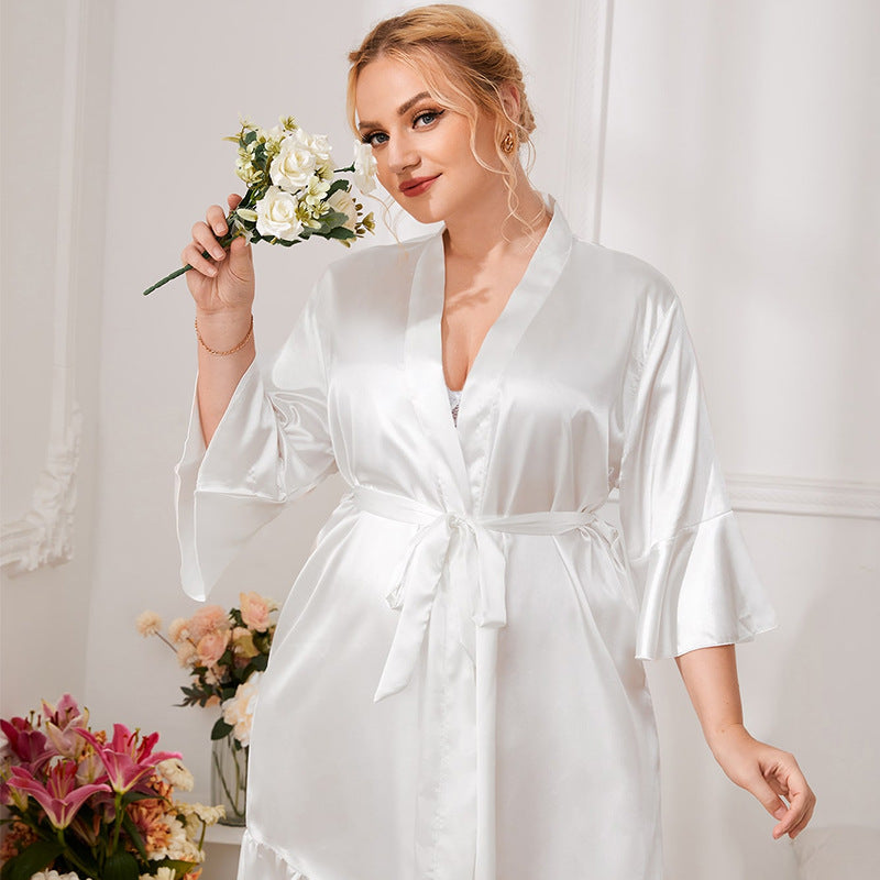 XL-5XL Bride White Bathrobe Kimono Bridesmaid Wedding Robe Gown Womens Satin Sleepwear Nightgown Lounge Nightdress