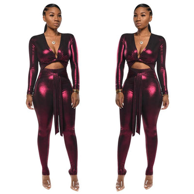 AHVIT Hollow Out Sashes Sexy PU Women Jumpsuits Long Sleeve Deep V Neck Skinny Nightclub Romper YD-Y8135