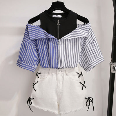 2 Pieces Shorts Sets Summer Sweet Korean Off Shoulder Tops And Shorts 2 Pieces Sets Women Clothing Two Pieces Outfits Plus Size