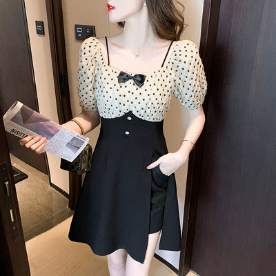 Women New Polka Dot Patchwork Bowknot Top &amp; Short Sets Summer New Split Square Collar Blouse +Shorts Two Pieces Sets